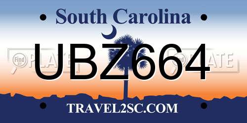 UBZ664 South Carolina License Plate