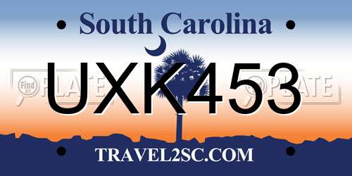 UXK453 South Carolina License Plate