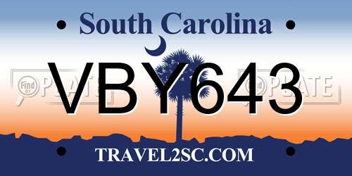VBY643 South Carolina License Plate