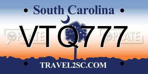 VTQ777 South Carolina License Plate