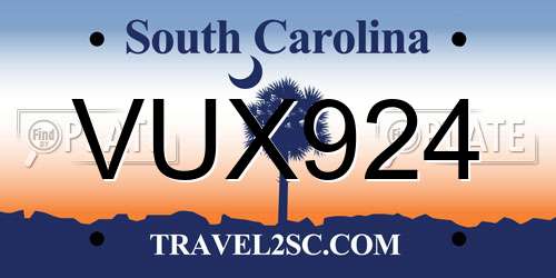 VUX924 South Carolina License Plate
