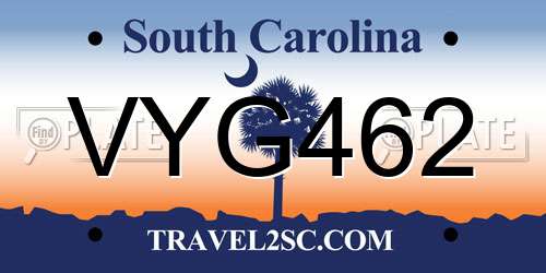 VYG462 South Carolina License Plate