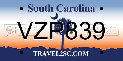 VZP839 South Carolina License Plate