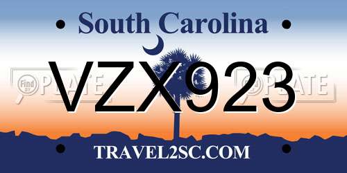 VZX923 South Carolina License Plate