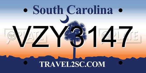 VZY3147 South Carolina License Plate