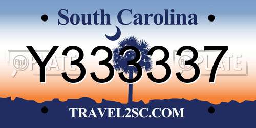 Y333337 South Carolina License Plate