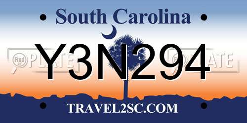 Y3N294 South Carolina License Plate