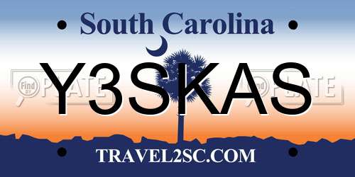 Y3SKAS South Carolina License Plate