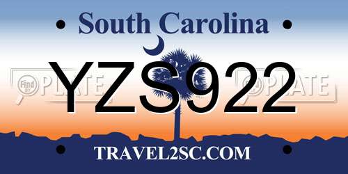 YZS922 South Carolina License Plate