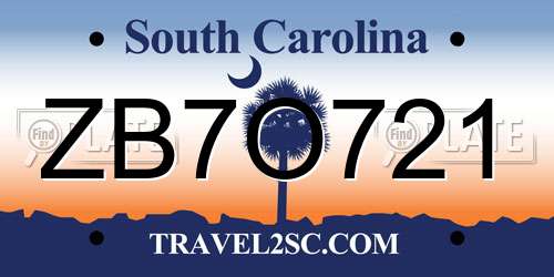 ZB7O721 South Carolina License Plate
