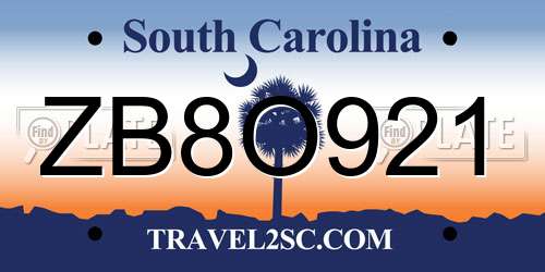 ZB8O921 South Carolina License Plate