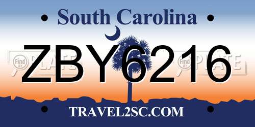 ZBY6216 South Carolina License Plate