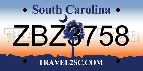 ZBZ3758 South Carolina License Plate