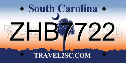 ZHB7722 South Carolina License Plate