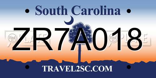 ZR7A018 South Carolina License Plate
