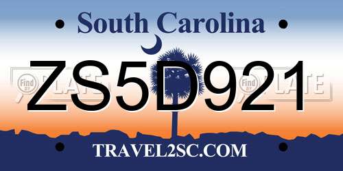 ZS5D921 South Carolina License Plate