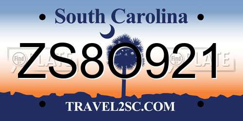 ZS8O921 South Carolina License Plate