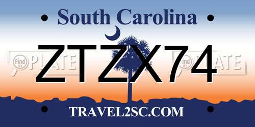 ZTZX74 South Carolina License Plate
