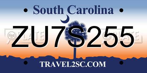 ZU7S255 South Carolina License Plate
