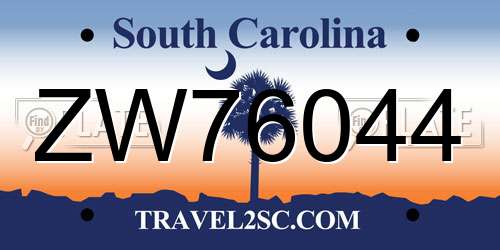 ZW76044 South Carolina License Plate