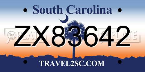 ZX83642 South Carolina License Plate