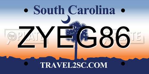 ZYEG86 South Carolina License Plate
