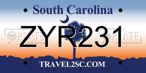 ZYR231 South Carolina License Plate
