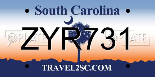 ZYR731 South Carolina License Plate