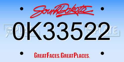 0K33522 South Dakota License Plate