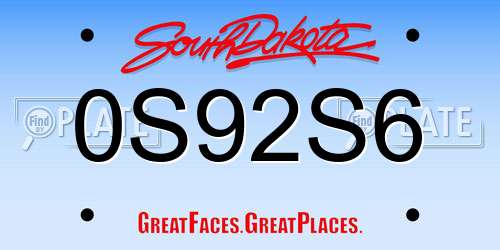 0S92S6 South Dakota License Plate