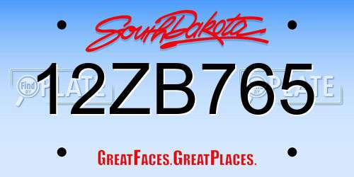 12ZB765 South Dakota License Plate