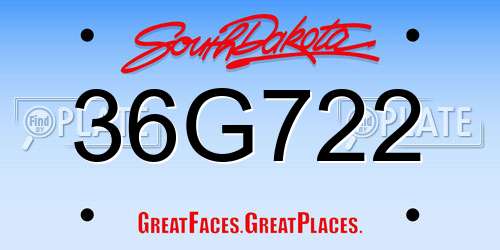 36G722 South Dakota License Plate