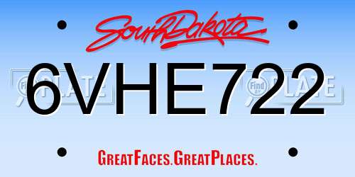 6VHE722 South Dakota License Plate