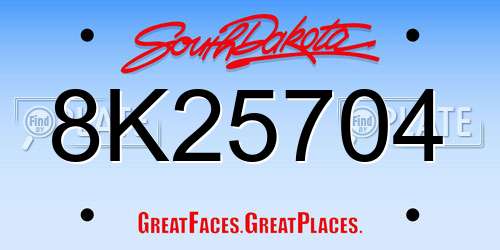 8K25704 South Dakota License Plate