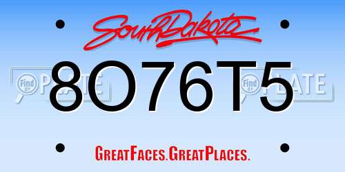8O76T5 South Dakota License Plate
