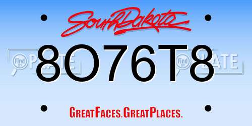 8O76T8 South Dakota License Plate