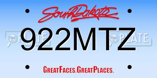 922MTZ South Dakota License Plate