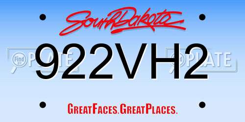 922VH2 South Dakota License Plate
