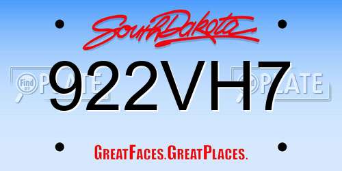 922VH7 South Dakota License Plate