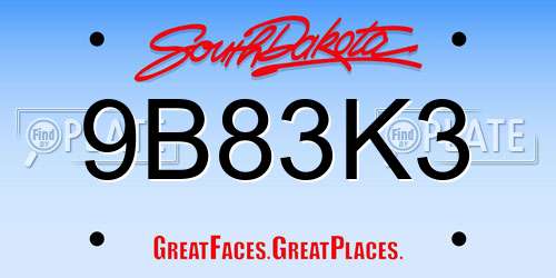 9B83K3 South Dakota License Plate