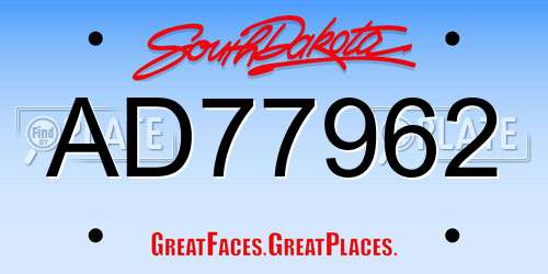 AD77962 South Dakota License Plate