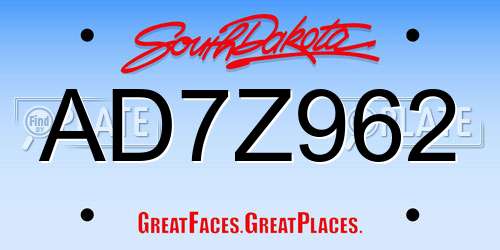 AD7Z962 South Dakota License Plate