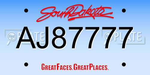 AJ87777 South Dakota License Plate
