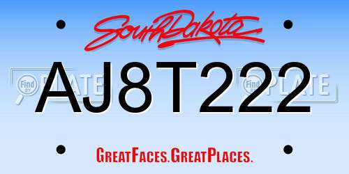 AJ8T222 South Dakota License Plate