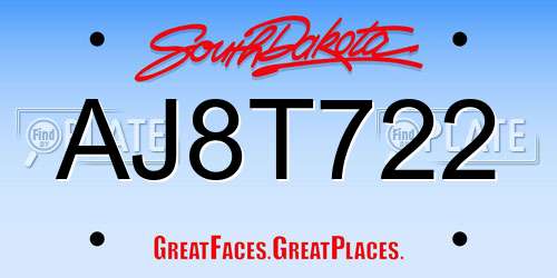 AJ8T722 South Dakota License Plate