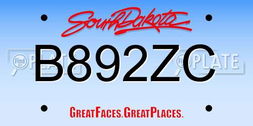 B892ZC South Dakota License Plate