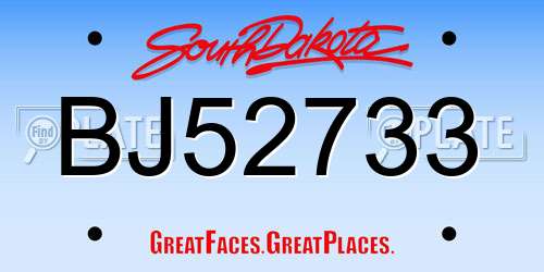 BJ52733 South Dakota License Plate