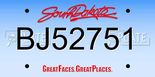 BJ52751 South Dakota License Plate