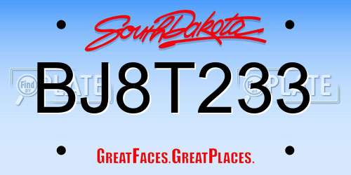 BJ8T233 South Dakota License Plate