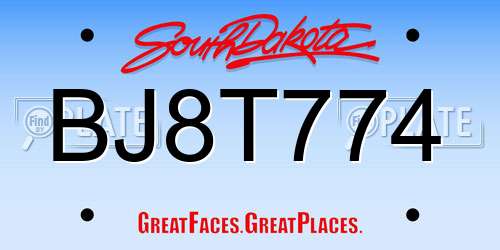 BJ8T774 South Dakota License Plate